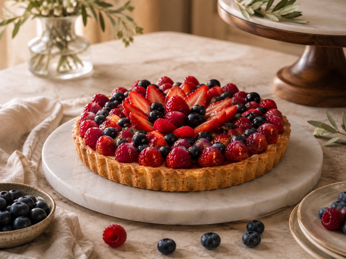 Mixed berry tart with glazed strawberries, raspberries and blueberries