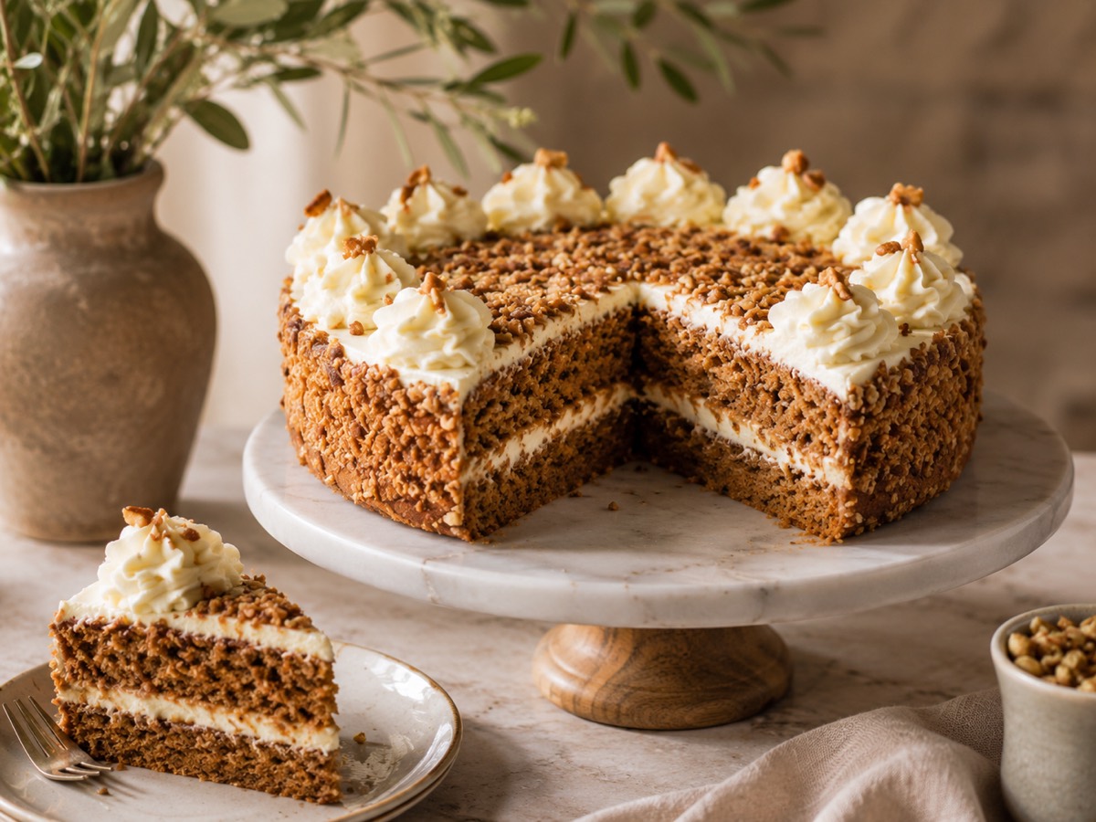 Carrot cake with cream cheese frosting and walnuts