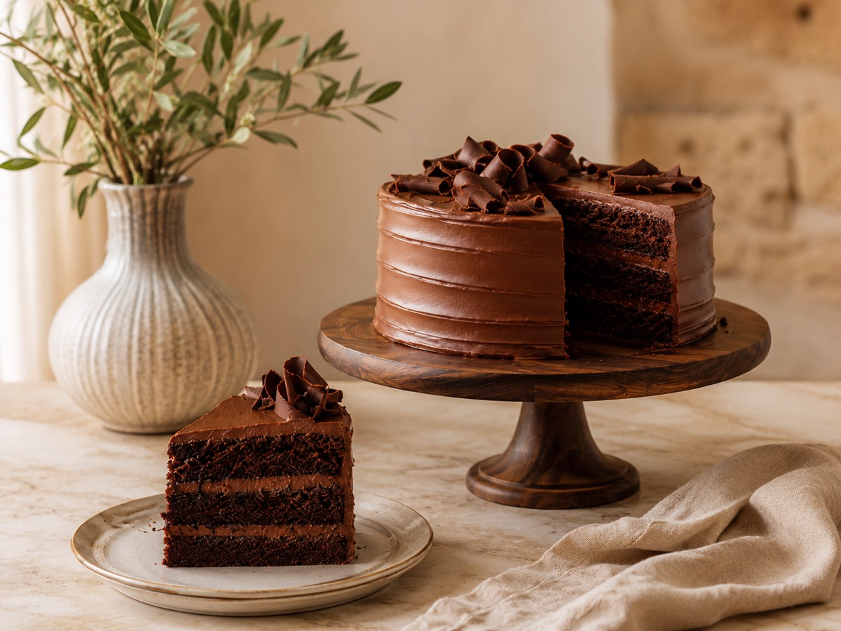 Triple layer chocolate cake with chocolate curls