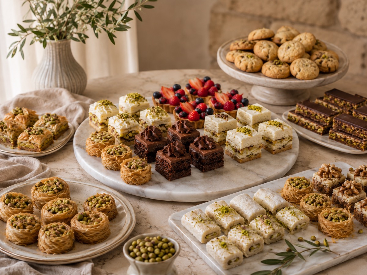 Elegant dessert tray with petit fours, cookies and baklava