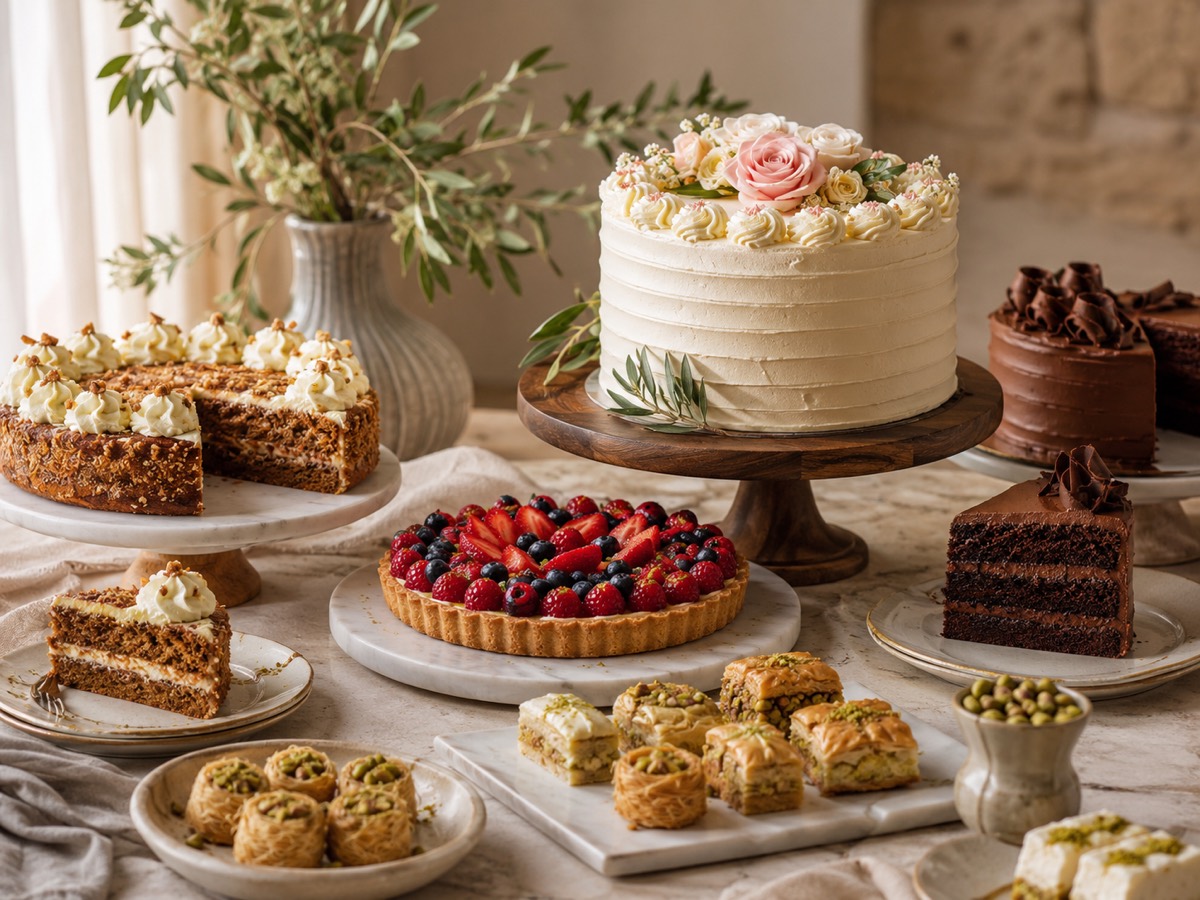 A table of Dalah's desserts: celebration cakes, carrot cake, berry tart and Middle Eastern sweets