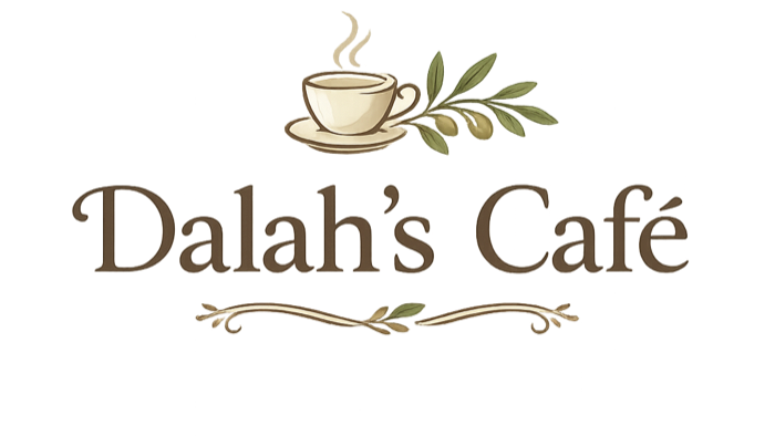 Dalah's Café logo — a teacup with an olive branch