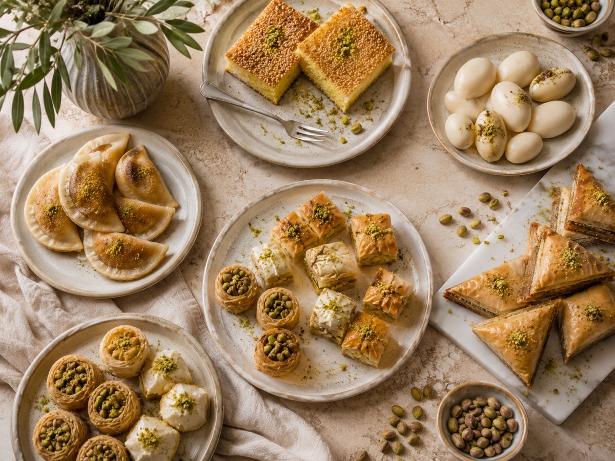 Flat lay of atayef, sfouf, marzipan and baklava with pistachios