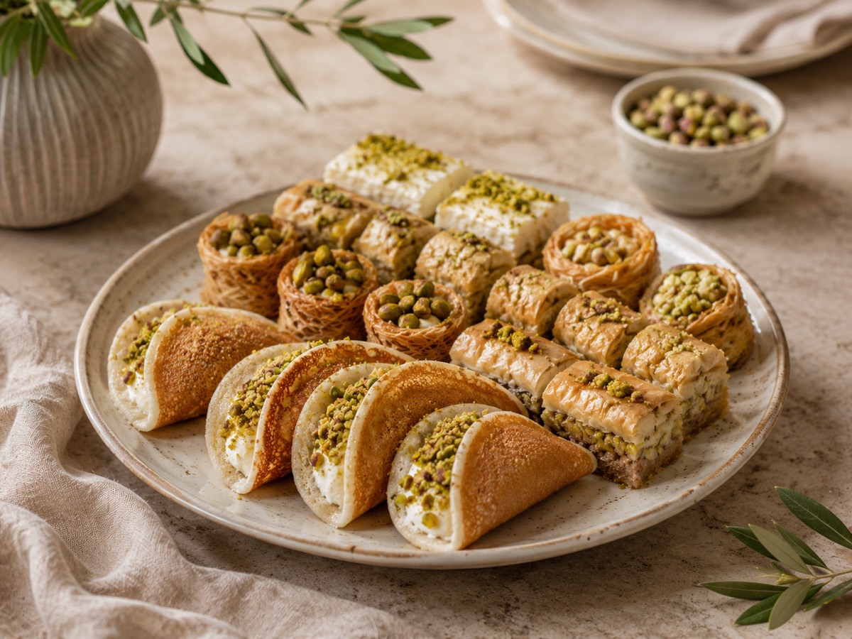 Platter of atayef, baklava and pistachio sweets