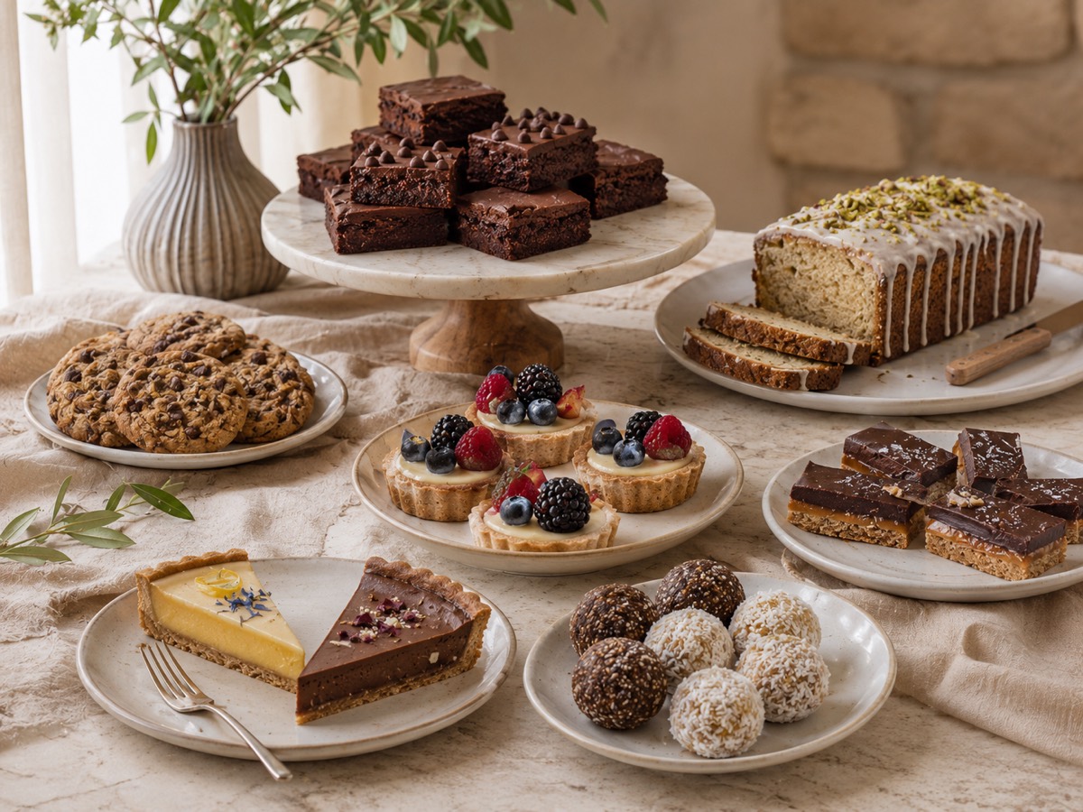 Assortment of vegan and gluten-free desserts, brownies and energy bites